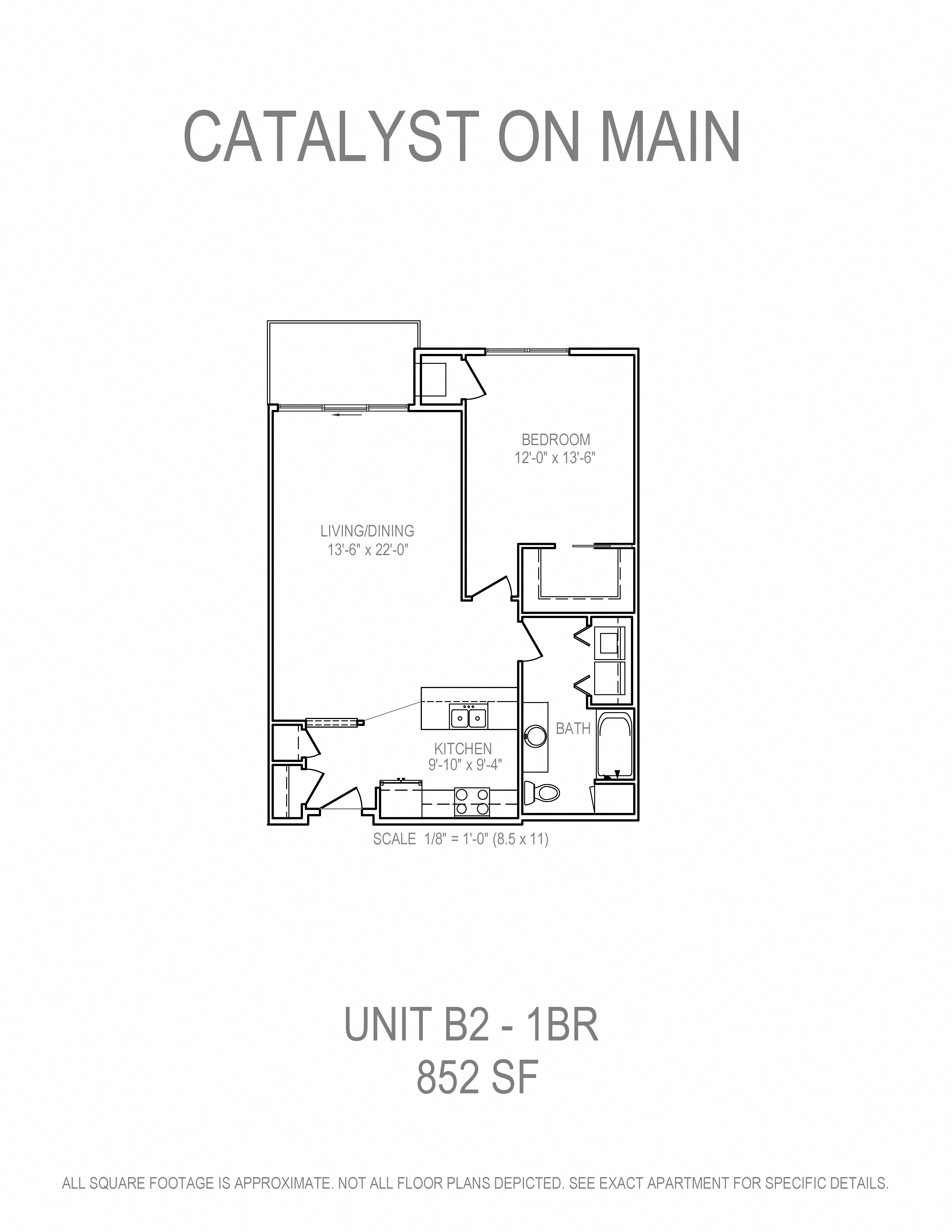 Floor plan for 1 bed, 1 bath, 852 sqft